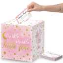 50 Pcs Twinkle Little Star Diaper Raffle Tickets with Box for Baby Shower Gender Reveal Party Decoration Little Star Diaper Raffle Cards Party Supplies Game Kit Diaper Raffle Insert Ticket (Pink)