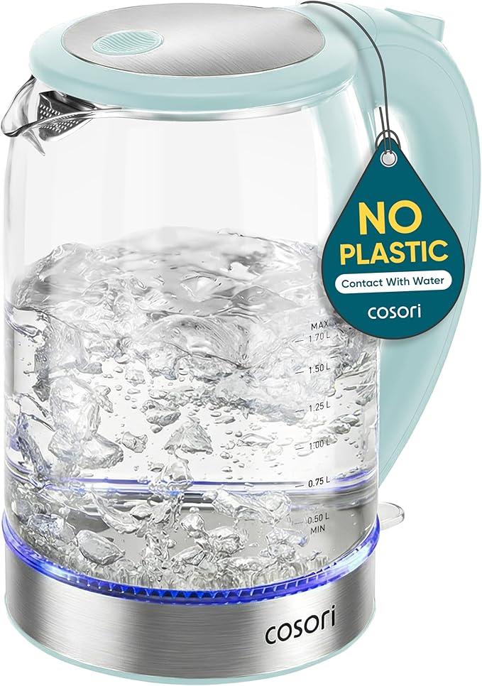 Cosori Electric Kettle, No Plastic Filter & Spout, Tea Kettle & Hot Water Boiler For Coffee & Tea, Water Heater & Teapot, Automatic Shut Off, Borosilicate glass, Green, 1.7L/1500W