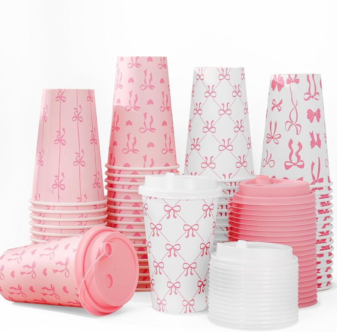 Whaline 100Pcs Pink Bow Paper Cups with Lids 16oz Bowknot Heart Disposable Cups Cute Coquette Drinking Cup for Hold Cold Drinks
