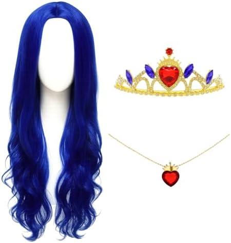Swooflia Blue Wavy Wig for Women & Cosplay Accessories - Convenient Set Includes Adjustable Wig Cap, Necklace, Crown, Cosplay Wig for Halloween, Costume, Party and Daily Use (Wig-25)