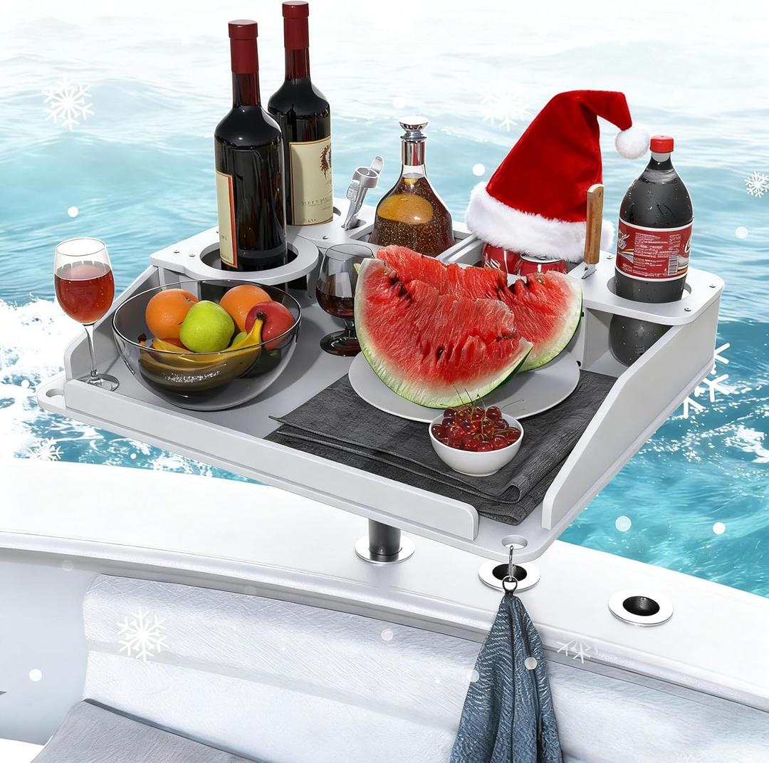 Utility Boat Bar Organizer Table with Rod Holder, Portable Detachable Marine Table with Cup Holders & Storage for Food, Drinks, and Fish Cleaning, Gift for Him, Boaters, Fishers, Outdoorsman
