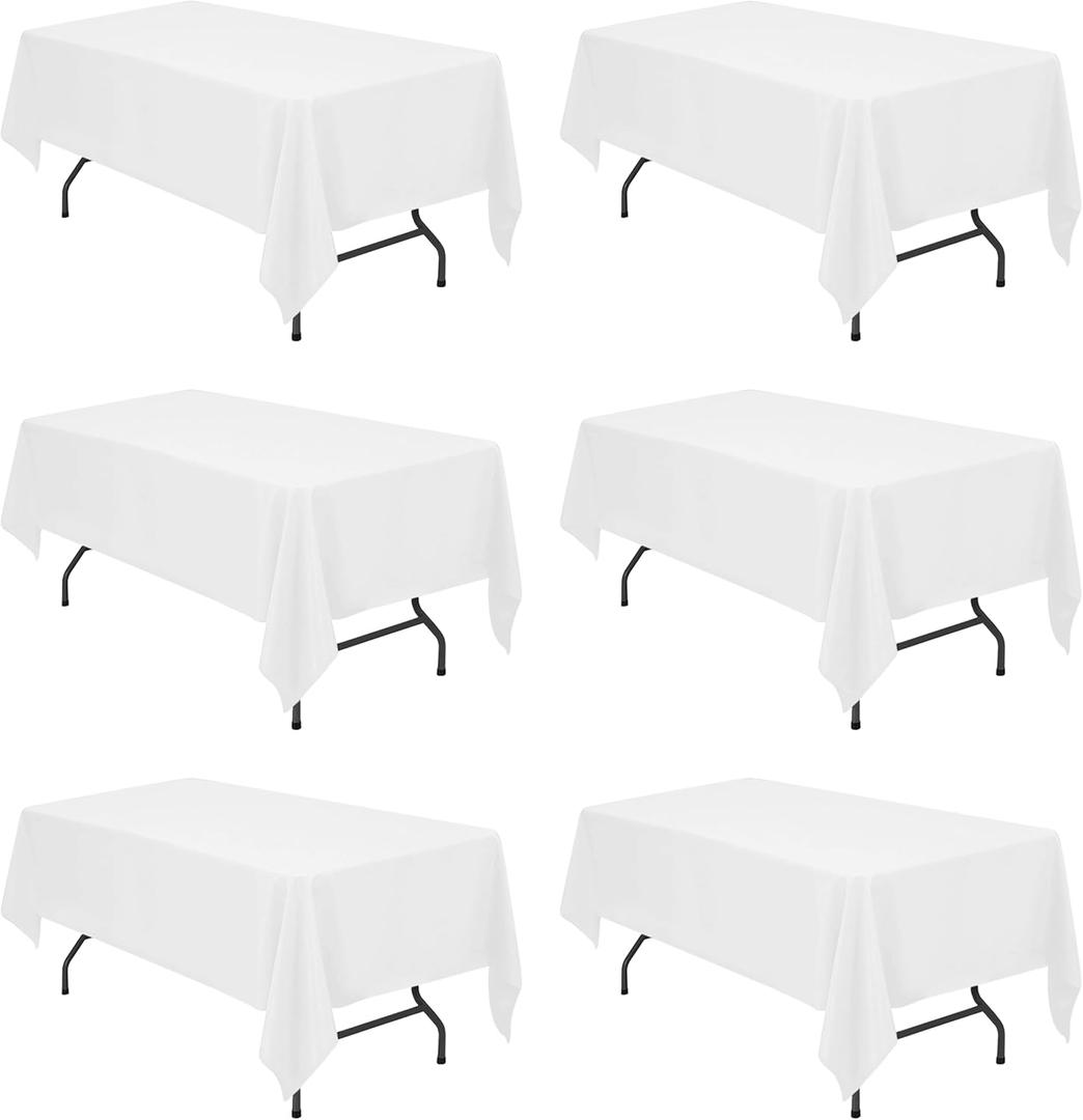 BRILLMAX 6 Pack White Tablecloths 60 x 102 Inch for 6ft Rectangle Tables - 150 GSM Polyester Fabric, 15" Standard Drop, Water, Stain & Wrinkle Resistant Cloth Cover for Wedding Banquet Dining Buffet