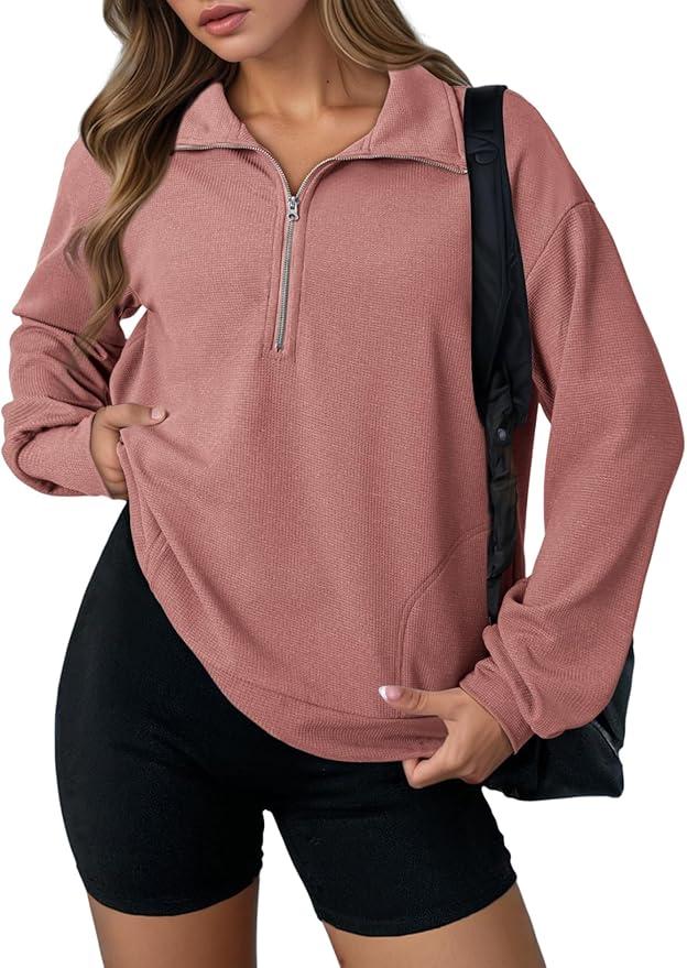 Dokotoo Womens Sweatshirt Waffle Knit Long Sleeve Lapel Half Zip Up Casual Lightweight Soft Sweatshirts Loose Pullover Tops (Pink, XL)