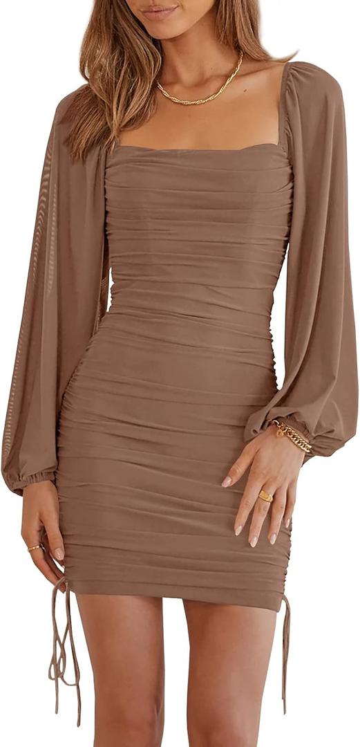 Imysty Womens Mesh Long Sleeve Square Neck Bodycon Ruched Party Cocktail Drawstring Mini Dress, 2 Pack (Small, Brown)