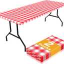 Smiry Picnic Table Cloth 2 Pack, Waterproof Elastic Fitted Tablecloths for 8FT Rectangle Tables, Washable Polyester Buffalo Plaid Tablecloth for Camping, Dining & Christmas(Red & White, 30" x 96")