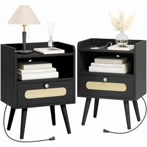 End Table Set of 2 with Charging Station, Diamond Dcor Nightstands Set of 2, Bedside Table Set of 2 with Solid Wood Legs, Black