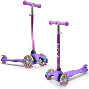 3-Wheel Kick Scooter for Kids Ages 3-8 Lean-to-Steer Toddler Scooter with Extra Wide Light Up Wheels, 4 Adjustable Heights, Foldable Scooters for Boys & Girls, Max Weight 110lbs (Purple)