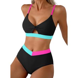 Herseas Women's Bikini Sets Twist Color Block Swimsuits 2 Piece High Waisted Bathing Suit Swim Suits 2026 Beach Wear (M)