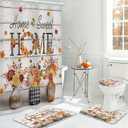 MEHOFOND 4pcs Fall Pumpkin Shower Curtain Set, Autumn Thanksgiving Shower Curtain Set, Maple Leaf Floral Rustic Wood Home Sweet Home Bathroom Decor, Thanksgiving Holiday Curtains with Hooks 72x72 in (Orange2)