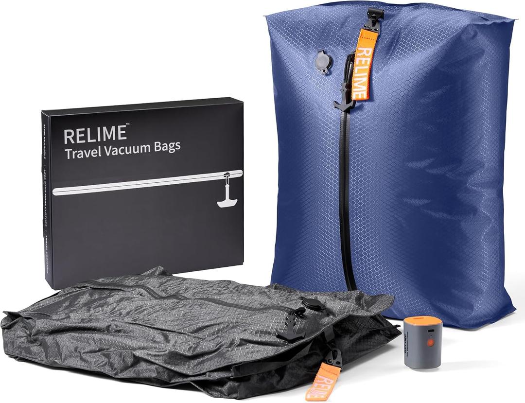 Classic Series Vacuum Bags for Travel Luggage with Wireless Pump, Compression Bags for Carry On Suitcases and Backpack, Vacuum Seal Packing cube for Cloth Packing (2PC + PUMP Gray & Blue)