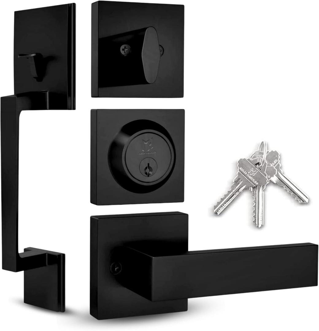 Mega Handles - TOBELLE Entry Door Handleset in Matte Black Finish - Single Cylinder Handleset with Lever for Entrance and Front Doors - Modern Door Handles for Left and Right-Handed Doors (1 Pack)