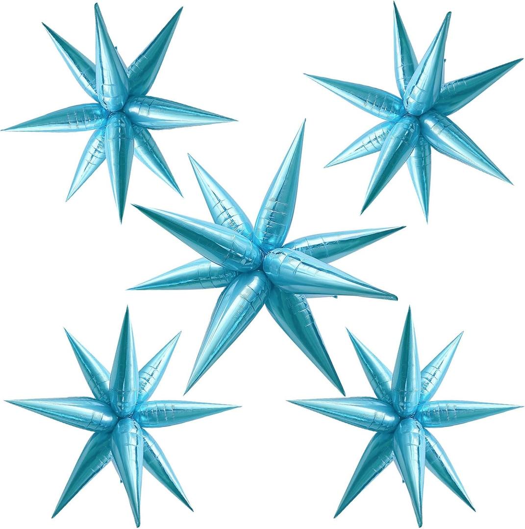 Light Blue Star Balloons Foil Mylar Spike Ballons Giant Frozen Birthday Party Decorations for Baby Shower Gender Reveal Bachelorette Snowflake Pool Beach Fishing Ocean Under the Sea Party Supplies,  Pearlescent Blue