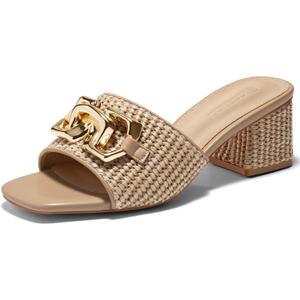Coutgo Womens Raffia Slide Sandals Chunky Block Heeled Square Open Toe Metal Chain Slip on Mules Dressy Shoes, 7.5