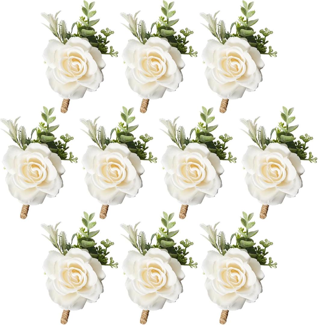Ivory Rose Boutonniere for Men Wedding Set of 10 Groom Groomsmen Best Man Artificial Flowers Boutonniere for Wedding Ceremony Anniversary Prom Flowers Formal Dinner Party (10, White, Middle)