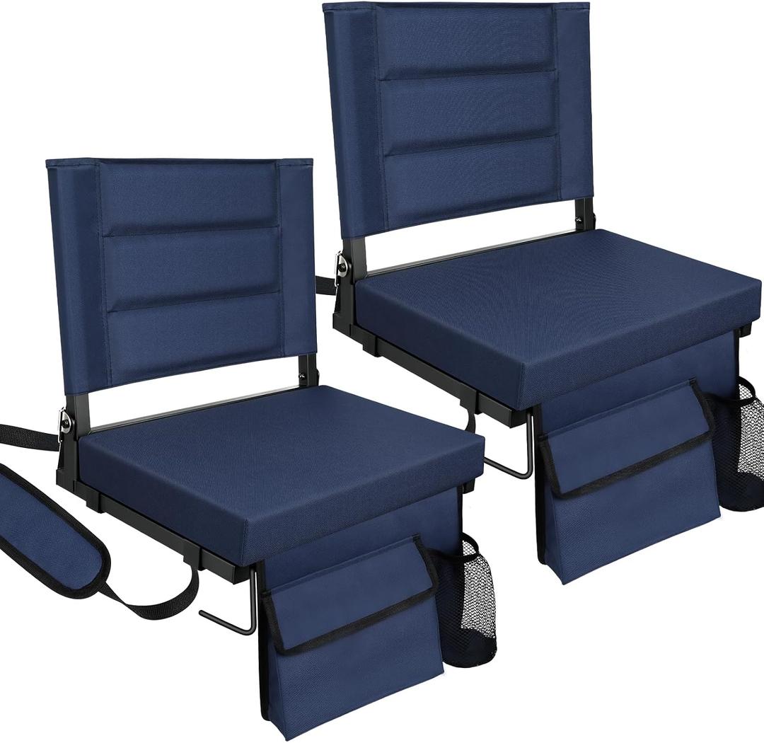 Stadium Seats with Back Support,Bleacher Chairs with Cushion, Portable Folding Stadium Chair with Removable Cushion and Large Pocket for School Events Sports Game(Navy Blue 2 Pack), 16.4"w X 11.4"d X 15.6"h