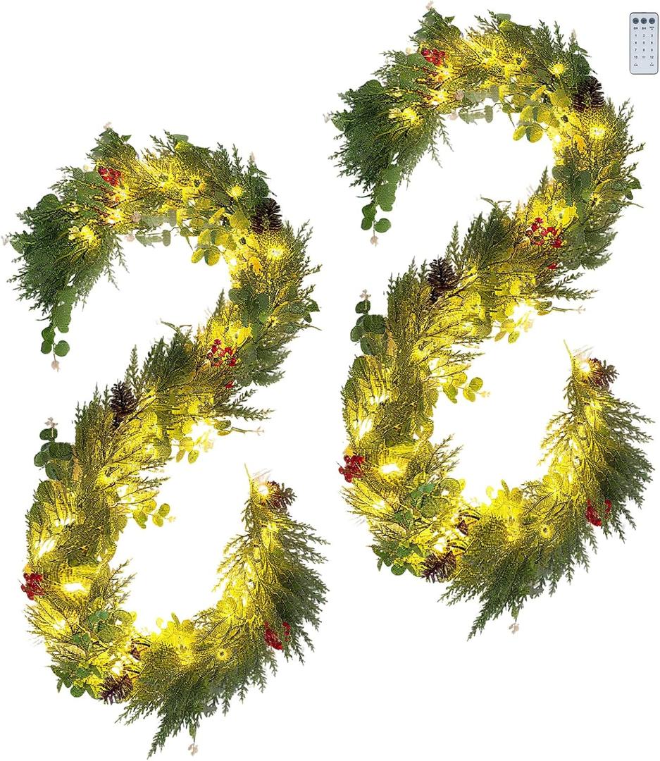 NUPTIO Artificial Christmas Garland with Lights: 2Pcs 6.2Ft Pre-Lit Gold Glitter Garland with Pine Cones Red Berry Eucalyptus - Xmas Decorations for Mantle Fireplace Railing Stairs Table Door