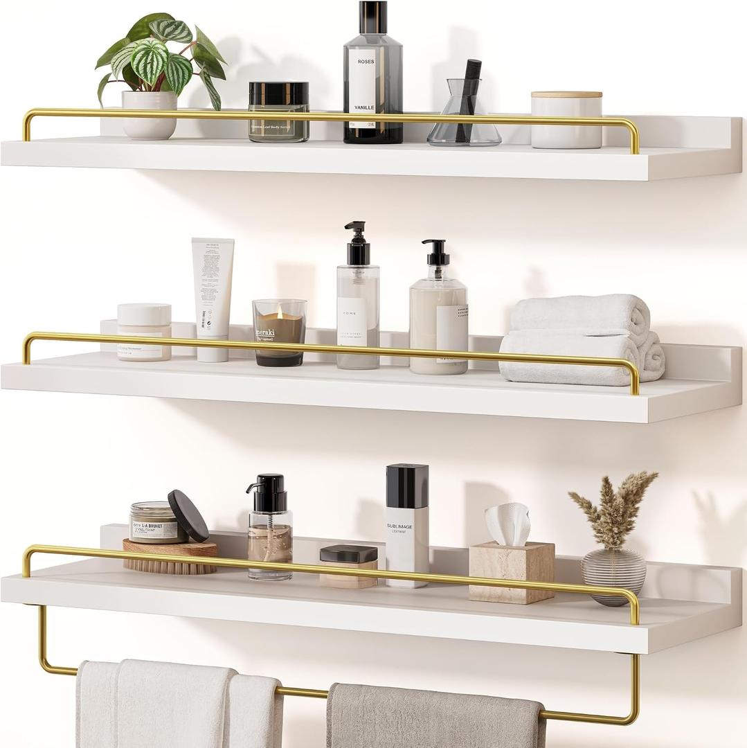 Seocry Bathroom Shelves, Wall Shelf Set of 3, Floating Shelves, Shelves for Room Wall, Bathroom Decor (White Gold, 23.1 Inches)
