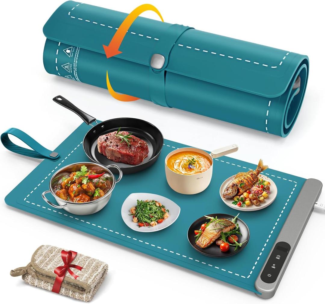 FYY Food Warming Mat - Electric Warming Tray with 6 Temperature Settings and 6 Hours Timer, Full Surface Graphene Heating Food Warmer, Premium Rollable Heating Tray for Gatherings, Parties, Dark Green (X Large Size: 24"x15")