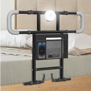 Seeutek Bed Rails for Elderly Adults Safety, Foldable Bed Assist Rails for Seniors, Adjustable Bed Side Rails with Safety Strap & Storage Pocket & LED Light, Fit Queen Twin King Beds