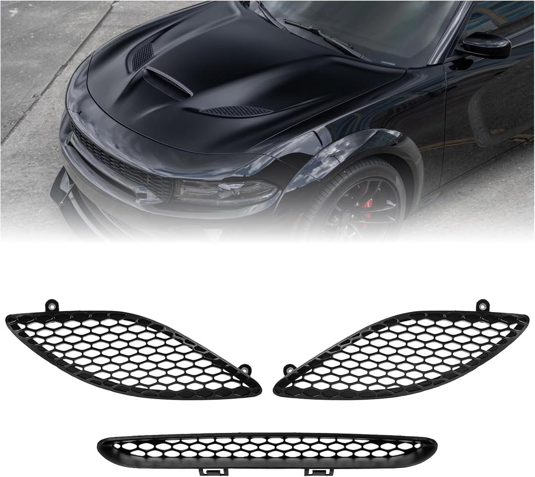 Hood Scoop Bezel Set for Dodge Charger SRT Hellcat 2015-2020 Accessories, Front Hood Scoop Grill Grille Vent Trim Black for 68202581AB 68202580AC 68202580AA 68202580AB 68202462AD, 3 Pieces Kit Set