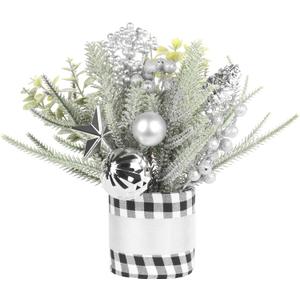 SY Super Bang Small Winter Buffalo Check Plaid Christmas Tree, Artificial Mini Tabletop Winter Tree Decorations with Silver Ornaments, for Home Holiday Indoor Party Xmas Decor.