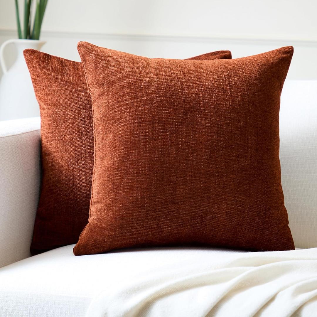 Encasa XO Thick Chenille Throw Pillow Covers Set of 2 | Rust Orange - (20x20) (50x50 cm) | Decorative Accent Square Throw Pillow Cases for Couch, Home Decor, Sofa
