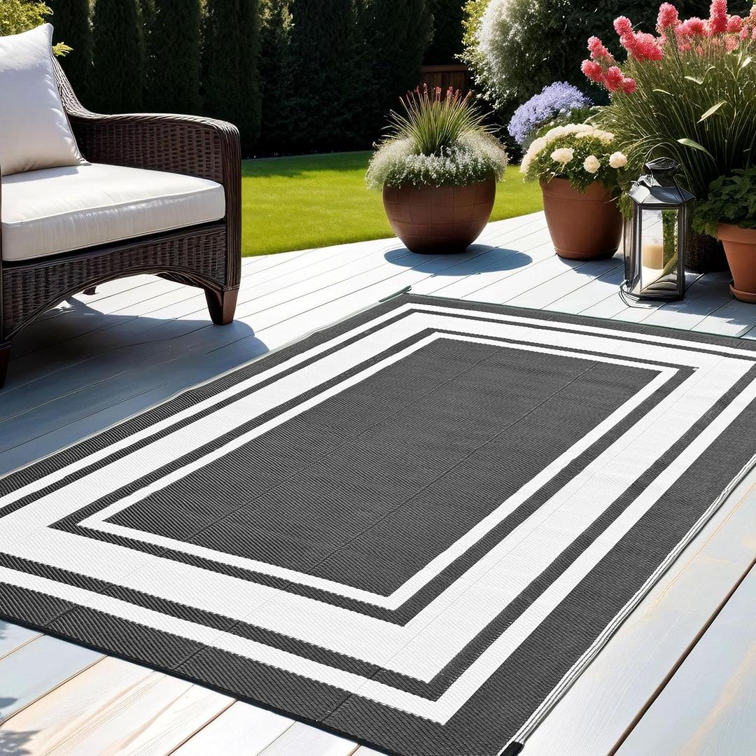 RURALITY Outdoor Rug 9x12 Waterproof for Patio Clearance,Large Plastic Straw Mat for Camping,Porch,RV,Reversible,Black and White