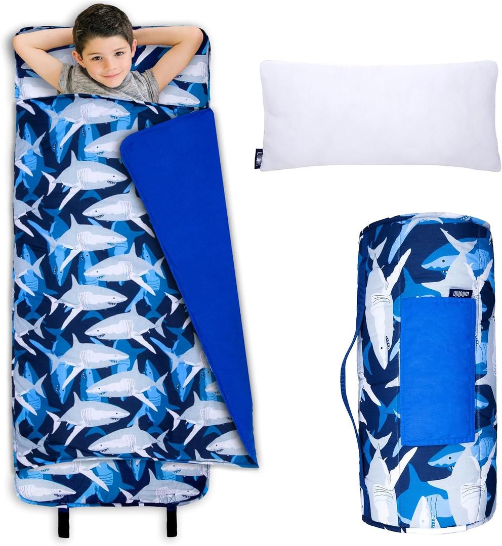 Wildkin Kids Original Nap Mat Cozy Kids Sleep Mat with Pillow, Ideal for School & Travel - Sharks (XXL)