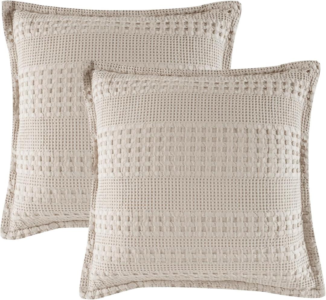 PHF 100% Cotton Ruffle Waffle Weave Euro Sham Covers, 2 Pack 26" x 26" Bed Pillow Covers for Elegant Home Decor, No Filling, Luxury Aesthetic Euro Pillow Cases for Bed, Oatmeal