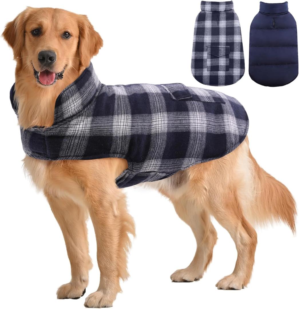 Kuoser Reversible Winter Coat, British Style Jacket for Medium and Large Dogs - Warm Windproof Puppy Cold Weather Clothes Vest, Blue L (L (Chest Girth: 20.9-24.4''))