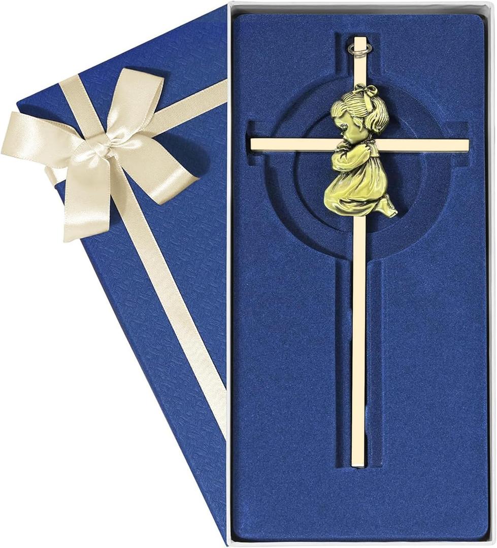 Tryuunion Baby Wall Cross Baptism and Christening Gifts for Girl, 7-inch Olive Golden Blessing Catholic Girl Baptism Crosses for First Holy Communion, and Dedication Baptismal Gifts from Godparents