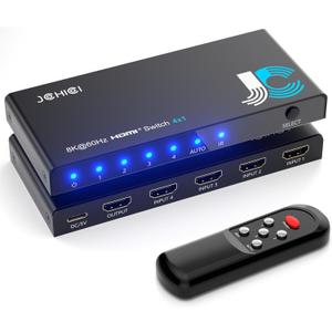 HDMI 2.1 Switch 4 in 1 Out 8K@60Hz 4K@120Hz, 4 Ports HDMI Switcher Splitter Selector with Remote, Support HDCP 2.3 HDR 10+ Dolby Vision/Atmos 48Gbps CEC for Apple TV Game PC PS Pro Xbox Roku