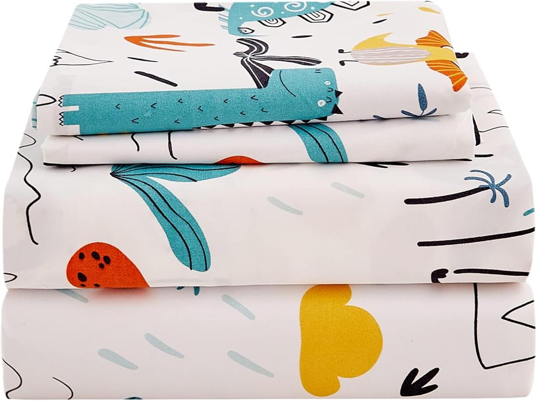 JSD Dinosaur Kids Sheet Set Twin Size, 3 Piece Dino Pattern Microfiber Bed Sheets for Boys Girls Deep Pocket