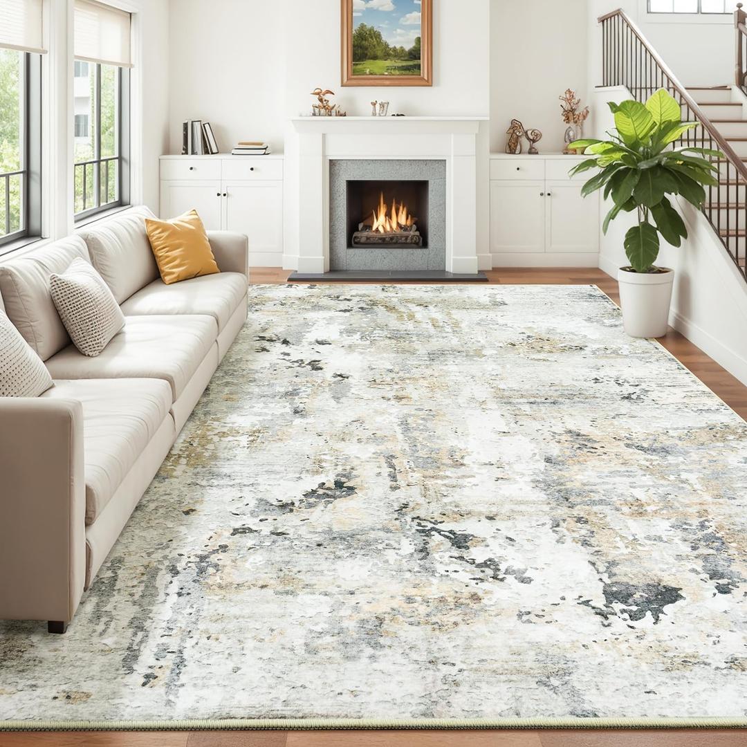 Area Rugs 9x12 Living Room, Large Soft Washable Abstract Neutral Bedroom Rug, Non-Slip Stain Resistant Floor Carpet for Dining Room Nursery, Brown/Grey
