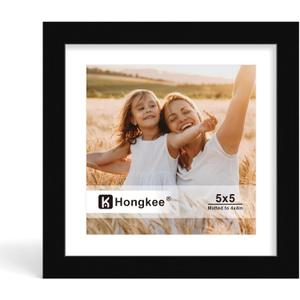 Hongkee 5x5 Picture Frame, Made of Solid Wood with Real Glass, Display Pictures 4x4 with Mat or 5 x 5 without Mat - Wall and Tabletop (Black, 1 Pack)