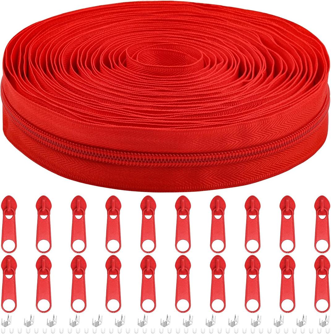 DOITEM 10 Yards Nylon Coil Zipper by The Yards, #5 Bulk Zippers for DIY Sewing Craft Bags with Replacement 20PCS Sliders (Red, #5)