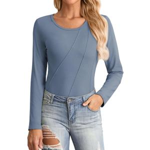 HWOKEFEIYU Women Long Sleeve Shirts Casual Tops Blouses Fashion Pleated Tunic Fall Clothes Crew Neck Slim Fitted 2024 (XL)