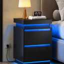 WLIVE Black Nightstand with Charging Station and LED Lights, Bedside Table with 2 Wooden Drawers and Sliding Top, Modern End Table Side Table for Bedroom, Living Room, Office