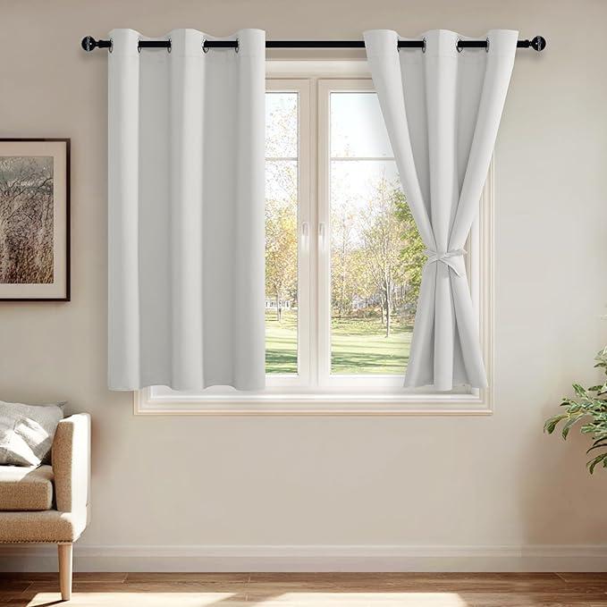 JIUZHEN Blackout Curtains with Tiebacks - Thermal Insulated, Light Blocking and Noise Reducing Grommet Curtain Drapes for Bedroom and Living Room, Set of 2 Panels, Greyish White, 38 x 54 Inch Length