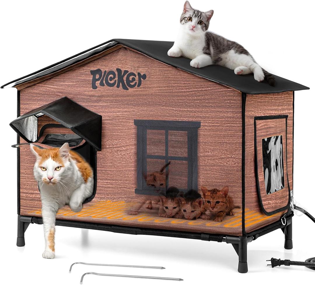 Heated Cat House for Outside: 31.5" XXL 100% Waterproof & Insulated Outdoor Cat House for Winter, Weatherproof Elevated Feral Cat Shelter with Heating Pad, 3 in 1 Warm Houses for Outdoor Cats Stray