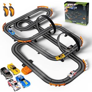 Slot Car Race Track Set Electric or Battery Powered Racing Car Track for Kids Boys, with 4 High-Speed Cars and 2 Hand Controllers,Dual Racing Game Toys for Children Age 6 7 8 Years Old, One Size