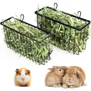 2PCS Rabbit & Guinea Pig Hay Rack with Heavy Duty Metal Frame - Pet Grass Feeder for Small Animals (Dark black)