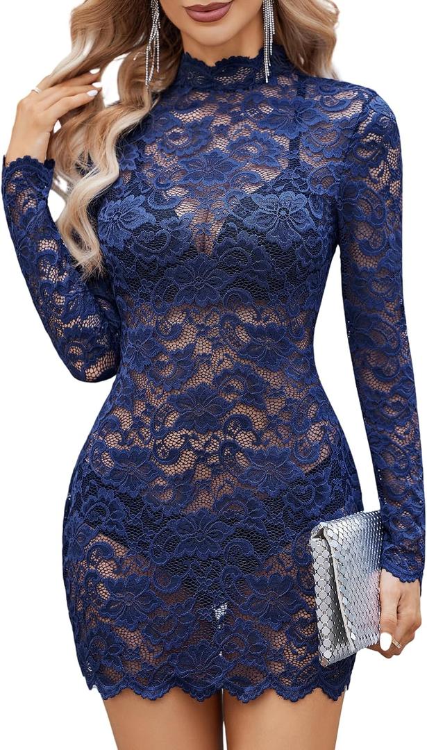 Avidlove Women Sexy Sheer Lace Bodycon Mini Dress Long Sleeve Mock Neck Cocktail Party Dresses See Through Lingerie Outfit (Blue, M)