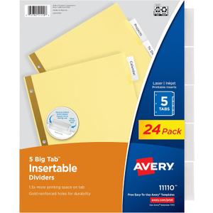 Avery Insertable Dividers for 3 Ring Binder, 5-Tab Set, Clear Big Tabs, Buff Paper with Gold-Reinforced, 24 Sets, Great for Organizing Projects, Reports, Finances, and More (11113)