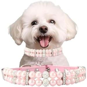 Pink Dog Collars with Pearls, Beaded Cat Collar Pu Leather Puppy Necklace with Crystal Rhinestone Diamond for Girl Kitten XXSmall Small Medium Female Dogs Jewelry Wedding & Birthday Party, M