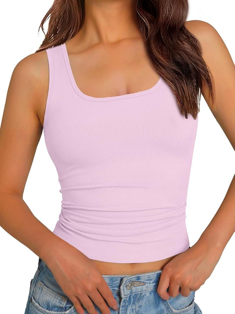 GKBK Women Built-in Bra Tank Tops Sleeveless Crewneck Rib Knit Shirts Slim Fit Basic Tee Tops XS-XXL (Large, Pink)