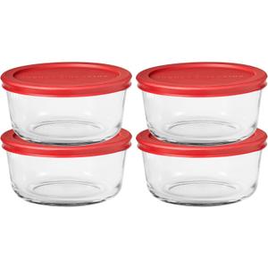 Anchor Hocking SnugFitTM Round Food Storage Containers with Lids (4-Piece, 4-cup, Red, oven-safe)