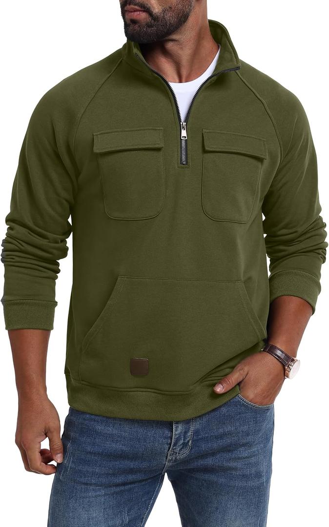Lepunuo Cargo Sweatshirts for Men Quarter Zip Long Sleeve Warm Fleece Tactical Pullover Casual Athletic Loose Sweatshirts (Medium, Army Green)