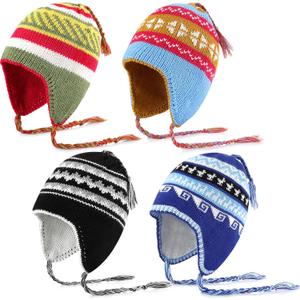 Hicarer 4 Pcs Peruvian Hat Women Peruvian Beanie Knit Wool Hat with Ear Flaps Fleece Lining Warm Winter Toque Nepal for Women Men
