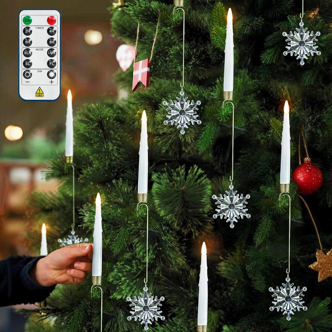 yunsheng 12Pcs Christmas Tree Candles with Remote Timer, Battery Operated LED Flameless Taper Candles Flickering with Metal Hook and Clear Snowflake, Xmas Home Wedding Decor Gift